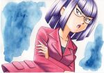  1girl :o bangs black_shirt blue_background blunt_bangs collarbone commentary_request glasses highres jacket long_sleeves looking_down matori_(pokemon) oka_mochi open_mouth pokemon pokemon_(anime) pokemon_xy_(anime) purple_eyes purple_hair purple_jacket shirt solo tongue traditional_media 