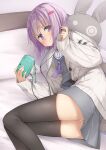  1girl a.i._voice ass bangs bed black_legwear black_shirt blush cardigan closed_mouth commentary_request earbuds earphones eyebrows_visible_through_hair feet_out_of_frame grey_shirt grey_skirt hair_ornament hairclip highres holding holding_phone kanzen_bouon looking_at_viewer lying on_bed on_side open_cardigan open_clothes panties phone pillow pleated_skirt purple_eyes purple_hair purple_neckwear sailor_collar school_uniform serafuku shirt skirt solo stuffed_animal stuffed_bunny stuffed_toy thighhighs undershirt underwear voiceroid white_cardigan white_panties white_sailor_collar yuzuki_yukari yuzuki_yukari_(shizuku) 