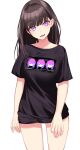  1girl absurdres bangs black_shirt blunt_bangs brown_hair clothes_writing collarbone earrings eyebrows_visible_through_hair hair_intakes highres ichiki_1 jewelry long_hair looking_at_viewer mole mole_under_eye no_pants open_mouth original purple_eyes shirt simple_background smile solo white_background 
