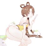  1girl arm_strap ass bangs breasts brown_eyes brown_hair food hair_behind_ear highres holding indie_virtual_youtuber long_hair lying on_side one-piece_swimsuit parted_bangs popsicle small_breasts softmode solo swimsuit tongue tongue_out virtual_youtuber white_background xiaociiao_(vtuber) yellow_swimsuit 