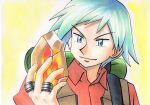  1boy backpack bag bangs blue_eyes blue_hair brown_vest closed_mouth collared_shirt commentary_request hand_up highres holding jewelry looking_at_object male_focus oka_mochi orange_shirt pokemon pokemon_(anime) pokemon_rse_(anime) ring shirt short_hair smile solo spiked_hair steven_stone stone strap traditional_media upper_body vest yellow_background 