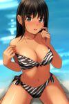  1girl absurdres animal_print bangs bikini black_hair blurry blurry_background blush breasts brown_eyes cleavage collarbone day depth_of_field eyebrows_visible_through_hair hands_up highres long_hair looking_at_viewer matsunaga_kouyou medium_breasts navel nose_blush original outdoors parted_lips print_bikini solo swimsuit tan upper_teeth water zebra_print 