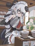  alternate_costume apron bare_shoulders black_dress blush closed_eyes coffee collar commentary_request dress drinking elbow_gloves enmaided eyebrows_visible_through_hair frilled_apron frilled_collar frilled_cuffs frills genbu_(kemono_friends) glasses gloves green_gloves green_hair hair_ornament high_ponytail highres kemono_friends kemono_friends_3 kunikuni_(kunihiro2005) lizard_tail long_sleeves maid maid_apron multicolored_hair necktie ponytail red-eared_slider_(kemono_friends) red_hair red_neckwear reptile_girl short_hair sleeve_cuffs sleeveless snake_hair_ornament tail turtle_shell two-tone_hair vest white_apron white_hair yellow_vest 