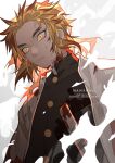 1boy angry artist_name black_jacket blonde_hair blood blood_on_clothes blood_on_face cape closed_mouth facebook_username gradient_hair jacket jewelry kimetsu_no_yaiba long_hair male_focus manfung multicolored_hair red_hair rengoku_kyoujurou solo sword two-tone_hair uniform upper_body weapon white_cape 