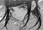  1girl ainu ainu_clothes asirpa bandana cape closed_mouth earrings eyelashes fur-trimmed_cape fur_trim golden_kamuy greyscale highres hoop_earrings jewelry looking_at_viewer maki_keigo monochrome portrait sidelocks simple_background snowing solo 