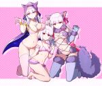  3girls absurdres animal_ears bangs bare_shoulders bikini blush bow breasts chocolate_heaven_(fate/grand_order) cleavage cloak collarbone cosplay earrings elbow_gloves fate/grand_order fate_(series) fur-trimmed_gloves fur-trimmed_legwear fur_collar fur_trim gloves gold_trim hair_ribbon highres hood hood_up hooded_cloak horned_hood horns jewelry kama_(fate) kneeling lace-trimmed_legwear lace_trim large_breasts long_hair looking_at_viewer mash_kyrielight_(dangerous_beast) mash_kyrielight_(dangerous_beast)_(cosplay) multiple_girls multiple_persona navel necklace o-ring pink_bikini purple_cloak purple_gloves purple_legwear red_eyes revealing_clothes ribbon short_hair silver_hair small_breasts summer_enma-tei swimsuit tail thighs wolf_ears wolf_tail yuniyuni 