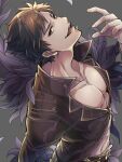  (#)w(#) 1boy abs bangs belial_(granblue_fantasy) belt black_hair black_shirt feather_boa granblue_fantasy grey_background long_sleeves looking_at_viewer male_focus open_clothes open_mouth pectorals red_eyes revealing_clothes shiny shiny_hair shirt short_hair smile solo toned toned_male upper_body 