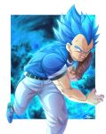  1boy baseball_jersey baseball_mitt baseball_uniform belt blue_eyes blue_hair clenched_teeth dragon_ball dragon_ball_super dragon_ball_z highres male_focus muscular muscular_male pants ryunosuke_625 shoes short_hair sneakers solo spiked_hair sportswear super_saiyan super_saiyan_blue teeth throwing vegeta white_pants 