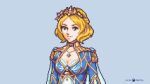  blonde_hair blue_dress blue_eyes braid breasts choker cleavage collar collarbone crown dress fire_emblem fire_emblem_warriors flower gem hair_flower hair_ornament highres jewelry lianna_(fire_emblem) long_sleeves lunar_dignity necklace ornate ornate_clothes pixel_art queen royal royal_robe sapphire_(gemstone) short_hair sprite sprite_art sunflower sunflower_hair_ornament 