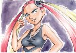  1girl bare_arms blonde_hair breasts collarbone commentary_request eyeshadow grey_eyeshadow hair_ornament highres holding holding_poke_ball jewelry long_hair looking_down makeup multicolored_hair necklace oka_mochi parted_lips pink_hair plumeria_(pokemon) poke_ball poke_ball_(basic) pokemon pokemon_(anime) pokemon_sm_(anime) purple_background quad_tails shirt skull_hair_ornament skull_necklace sleeveless sleeveless_shirt smile solo team_skull two-tone_hair upper_body yellow_eyes 