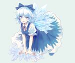  1girl bangs blue_bow blue_dress blue_eyes blue_hair bow bowtie cirno collar collared_shirt dress eyebrows_visible_through_hair flying green_background hair_between_eyes ice ice_wings looking_at_viewer open_mouth puffy_short_sleeves puffy_sleeves red_bow red_neckwear shirt short_hair short_sleeves simple_background smile solo touhou uranaishi_(miraura) white_shirt white_sleeves wings 