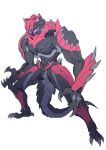  1boy absurdres animal_hood armor black_armor catball1994 claws demon_boy dinosaur dinosaur_tail full_body glowing glowing_eyes highres hood hunched_over kamen_rider kamen_rider_revice kamen_rider_vice male_focus monster monster_boy pose purple_eyes red_armor sharp_teeth spiked_armor spread_legs standing tail teeth tyrannosaurus_rex 