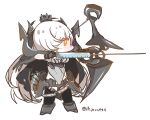  1girl abyssal_ship black_cape bow_(weapon) cape chibi colored_skin european_armored_aircraft_carrier_princess glowing glowing_eye hair_over_one_eye hi_ye holding holding_bow_(weapon) holding_weapon kantai_collection long_hair orange_eyes quiver solo standing syringe weapon white_hair white_skin 