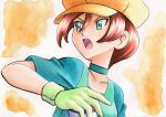  1girl bangs brown_hair choker collarbone commentary_request georgia_(pokemon) gloves green_choker green_eyes green_gloves hand_up hat highres holding holding_poke_ball looking_to_the_side oka_mochi open_mouth poke_ball pokemon pokemon_(anime) pokemon_bw_(anime) short_hair short_sleeves solo tongue traditional_media upper_body upper_teeth yellow_background yellow_headwear 