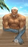  1boy abs aegir_(tokyo_houkago_summoners) anchor_earrings aqua_hair bara bare_pectorals beach beard black-framed_eyewear blue_eyes dark-skinned_male dark_skin day earrings eyewear_on_head facial_hair fingernails fins fish_boy glasses jewelry male_focus mature_male multicolored_hair muscular muscular_male nipples orange-tinted_eyewear pectorals sand seductive_smile sharp_fingernails short_hair silver_(ordinary_1) single_earring smile solo streaked_hair sunglasses sunlight tinted_eyewear tokyo_houkago_summoners upper_body white_hair 