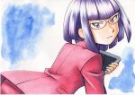  1girl bangs blue_background blunt_bangs closed_mouth commentary_request frown glasses hand_up highres holding jacket looking_at_viewer looking_back matori_(pokemon) oka_mochi pants pink_jacket pink_pants pokemon pokemon_(anime) pokemon_xy_(anime) purple_eyes purple_hair short_hair solo tablet_pc team_rocket traditional_media 