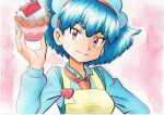  1girl apron bangs blue_hair blue_shirt closed_mouth collared_shirt commentary_request dessert eyebrows_visible_through_hair food hair_between_eyes hand_up headdress highres holding long_sleeves looking_at_viewer miette_(pokemon) necktie oka_mochi orange_neckwear pink_background pokemon pokemon_(anime) pokemon_xy_(anime) shiny shiny_hair shirt short_hair smile solo traditional_media upper_body yellow_apron 