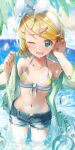  1girl :d aqua_eyes arm_up bikini blonde_hair blue_sky bow breasts cloud collarbone commentary curved_horizon daidou_(demitasse) day denim denim_shorts green_jacket hair_bow hair_ornament hairclip highres jacket kagamine_rin leaf light_rays nail_polish navel ocean one_eye_closed open_mouth outdoors short_hair shorts sky small_breasts smile solo standing striped striped_bikini sunbeam sunlight swimsuit thighs unbuttoned vocaloid wading water_drop wet 