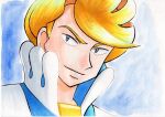  1boy bangs blonde_hair blue_background closed_mouth commentary_request grey_eyes high_collar highres male_focus oka_mochi pokemon pokemon_(game) pokemon_xy portrait shirt short_hair siebold_(pokemon) smile solo traditional_media upper_body white_shirt 