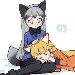  2girls animal_ears black_fur black_hair black_legwear black_neckwear black_skirt blue_jacket blush bow bowtie closed_eyes commentary_request extra_ears eyebrows_visible_through_hair ezo_red_fox_(kemono_friends) fox_ears fox_girl fox_tail fur_trim highres jacket kemono_friends lap_pillow long_hair long_sleeves multicolored_hair multiple_girls orange_eyes orange_hair orange_jacket pantyhose pleated_skirt silver_fox_(kemono_friends) silver_hair skirt sleeping tail wamawmwm 