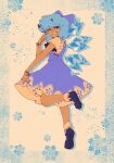  1girl absurdres artist_name bangs bare_arms black_footwear black_ribbon blue_border blue_bow blue_dress blue_eyes blue_hair border bow cirno dress english_commentary eyebrows_visible_through_hair finger_to_cheek finger_to_face floral_print from_side full_body grin hair_bow halftone highres ice ice_wings lace-trimmed_sleeves lace_trim leg_up linmiee looking_at_viewer looking_to_the_side mary_janes one_eye_closed pinafore_dress ribbon shirt shoes short_hair short_sleeves skirt_hold smile snowflakes socks solo sparkle standing standing_on_one_leg tan tiptoes touhou white_background white_legwear white_shirt wings wrist_ribbon 
