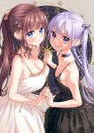  2girls bangs black_dress blue_eyes blunt_bangs breasts brown_hair choker dress earrings eyebrows_visible_through_hair hair_ornament hair_ribbon highres holding_hands interlocked_fingers jewelry large_breasts long_hair looking_at_viewer mole mole_on_breast multiple_girls new_game! ponytail purple_choker purple_eyes purple_hair purple_ribbon ribbon sidelocks small_breasts smile spaghetti_strap star_(symbol) star_earrings star_hair_ornament star_print suzukaze_aoba takimoto_hifumi tokunou_shoutarou tongue tongue_out twintails white_dress yellow_choker yellow_ribbon 