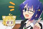  2girls :3 alternate_costume animal_ear_fluff animal_ears antenna_hair bangs black-framed_eyewear black_jacket blonde_hair blue_eyes blue_hair blush cat_ears chalkboard ciel_(tsukihime) closed_mouth collared_shirt commentary_request desk eyebrows_visible_through_hair glasses hair_between_eyes highres holding holding_pointer indoors itsuka_neru jacket looking_at_viewer multiple_girls nekoarc official_alternate_costume one_eye_closed open_clothes open_jacket open_mouth pointer red_eyes shirt sidelocks smile sweater teacher tsukihime tsukihime_(remake) turtleneck turtleneck_sweater upper_body white_shirt white_sweater 