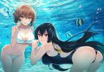  2girls air_bubble animal ass bare_arms bare_legs bare_shoulders bikini black_hair black_swimsuit breasts brown_eyes brown_hair bubble cleavage collarbone competition_swimsuit eyebrows_visible_through_hair fish freediving green_eyes hair_between_eyes highres kantai_collection kasumi_(skchkko) large_breasts long_hair multiple_girls mutsu_(kancolle) nagato_(kancolle) navel one-piece_swimsuit open_mouth short_hair smile swimming swimsuit underwater white_bikini 