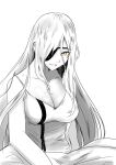  1girl alchemist_(girls&#039;_frontline) black_eyepatch breasts collarbone eyebrows_visible_through_hair eyepatch girls&#039;_frontline greyscale highres large_breasts long_hair looking_at_viewer monochrome reizo_ne sangvis_ferri shirt silver_hair solo white_background white_hair white_shirt yellow_eyes 