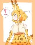  ! 1girl animal_ears bare_shoulders blonde_hair bow bowtie cat_ears cat_girl cat_tail commentary commentary_request cowboy_shot elbow_gloves extra_ears eyebrows_visible_through_hair gloves high-waist_skirt highres kemono_friends looking_away print_gloves print_neckwear print_skirt serval_(kemono_friends) serval_print shirt short_hair skirt sleeveless solo speech_bubble spoken_exclamation_mark symbol-only_commentary tail wamawmwm white_shirt yellow_eyes 