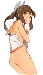  1girl alchera ass bottomless brown_eyes brown_hair covering covering_breasts cowboy_shot i-401_(kancolle) kantai_collection long_hair looking_at_viewer open_mouth orange_sailor_collar ponytail sailor_collar shirt side-tie_shirt simple_background sleeveless sleeveless_shirt solo surprised white_background 