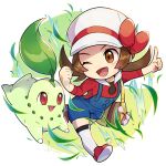  1girl ;d blue_overalls blush bow brown_eyes brown_hair cabbie_hat chibi chikorita commentary_request eyelashes hat hat_bow highres index_finger_raised leaves_in_wind long_hair lyra_(pokemon) one_eye_closed open_mouth peron_(niki2ki884) pokegear pokemon pokemon_(creature) pokemon_(game) pokemon_hgss red_bow red_footwear red_shirt shirt shoes smile thighhighs tongue twintails white_headwear white_legwear yellow_bag 