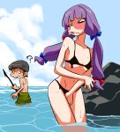  1boy 1girl ? bangs black_hair blue_bow blue_sky bodypaint bow breasts cigarette cloud commentary_request cookie_(touhou) feet_out_of_frame green_shorts hair_bow holding holding_polearm holding_spear holding_weapon horizon long_hair looking_at_another male_swimwear multi-tied_hair ocean open_mouth patchouli_knowledge polearm purple_eyes purple_hair red_bow rock scotch_(cookie) shirtless short_hair shorts sky small_breasts spear suzuki_(cookie) sweat taisa_(cookie) touhou twintails water weapon 