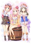  3girls atelier_(series) atelier_meruru atelier_totori bare_shoulders barrel blue_eyes blue_sleeves blush boots breasts brown_hair cleavage closed_mouth crown detached_sleeves dress hat highres long_hair looking_at_viewer merurulince_rede_arls minidraco multiple_girls open_mouth pink_hair rororina_fryxell skirt smile totooria_helmold 