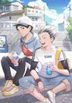  2boys akaashi_keiji antweiyi artist_name backpack bag baseball_cap black_hair black_pants blue_eyes blue_pants bokuto_koutarou bottle can closed_eyes closed_mouth cloud day gradient_hair haikyuu!! hat holding holding_bottle holding_can hood hood_down hoodie male_focus multicolored_hair multiple_boys on_floor open_mouth outdoors pants pants_rolled_up school_bag shirt shoes short_hair sitting sky smile soda_can teeth two-tone_hair watch white_hair white_shirt wristband wristwatch 