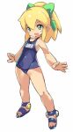  1girl blonde_hair blue_eyes green_eyes green_ribbon hair_ribbon karukan_(monjya) long_hair mega_man_(classic) mega_man_(series) one-piece_swimsuit open_mouth ponytail ribbon roll_(mega_man) simple_background smile solo swimsuit white_background 