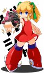  1girl blonde_hair blue_eyes closed_mouth dress green_ribbon hair_ribbon karukan_(monjya) long_hair looking_at_viewer mega_man_(classic) mega_man_(series) ponytail red_dress red_skirt ribbon roll_(mega_man) simple_background skirt smile solo weapon white_background 