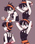  1boy armpits arms_up bare_arms bare_shoulders black_hair black_tank_top clenched_hand headband jojo_no_kimyou_na_bouken narancia_ghirga orange_headband purple_eyes tank_top 