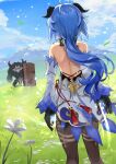  1girl absurdres ahoge black_gloves black_legwear blue_hair blue_sky bow flower from_behind ganyu_(genshin_impact) genshin_impact gloves grass hair_bow highres horns landscape long_sleeves mask mikanoisi monster nature pantyhose sky standing wooden_shield 