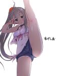  1girl ahoge arm_up bangs bikini bikini_under_clothes black_choker blue_shorts brown_eyes brown_hair choker commentary_request denim denim_shorts eyebrows_visible_through_hair flower hair_flower hair_ornament heart heart_choker hirowa_nagi indie_virtual_youtuber kusunoki_shio leg_up long_hair looking_at_viewer mikuru_beam navel open_mouth ponytail red_flower short_shorts shorts side-tie_bikini simple_background solo split standing standing_on_one_leg standing_split sweat swimsuit tan tanlines translation_request v virtual_youtuber white_background white_bikini 