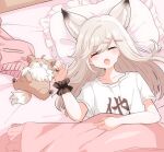  1girl :o animal animal_ear_fluff animal_ears animare blanket cardigan closed_eyes clothes_removed fang fox fox_ears kino_haruc long_hair lying on_back on_bed pillow pink_cardigan shiromiya_mimi shirt short_sleeves silver_hair single_wrist_cuff sleeping virtual_youtuber white_shirt wrist_cuffs 