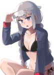  +_+ 1girl bangs bikini black_bikini blue_eyes blue_jacket braid breasts cleavage collarbone crossed_legs eyebrows_visible_through_hair girls&#039;_frontline grey_hair hair_ornament hand_on_eyewear hand_on_floor highres hinami047 jacket long_hair looking_at_viewer low_twintails medium_breasts navel open_clothes open_jacket open_mouth ots-12_(girls&#039;_frontline) russian_flag sitting solo star_(symbol) star_hair_ornament swimsuit twin_braids twintails white_background 