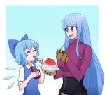  2girls belt blue_dress blue_eyes blue_hair breasts cirno commentary cup dress eating flat_chest highres ice ice_wings jacket kula_diamond large_breasts long_hair mata_(matasoup) multiple_girls power_connection puffy_short_sleeves puffy_sleeves purple_eyes red_neckwear short_hair short_sleeves simple_background spoon the_king_of_fighters touhou white_background wings 