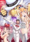  2boys 2girls big_nose blonde_hair bowser breasts brooch brown_hair cappy_(mario) claws covering covering_breasts facial_hair female_pubic_hair formal gloves hat highres jewelry mario mario_(series) multiple_boys multiple_girls mustache nude outstretched_arm pauline_(mario) princess_peach pubic_hair red_headwear suit super_mario_odyssey sweat tiara tiara_(mario) top_hat tuxedo white_gloves white_headwear white_suit yukihana_(awa) 