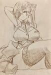  1girl :q arm_behind_head armpits breasts closed_mouth commentary_request highres hololive houshou_marine large_breasts looking_at_viewer medium_hair mitsuba-sama_(milkba-ng) monochrome sitting sketch smile solo thighhighs tongue tongue_out twintails virtual_youtuber 