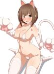  animal_ears animal_hands bikini breasts brown_hair cat_ears cat_girl cat_tail choker cleavage collar elbow_gloves gloves green_eyes idolmaster idolmaster_cinderella_girls kneehighs large_breasts looking_at_viewer maekawa_miku micro_bikini navel paw_pose seihekiog seiza side-tie_bikini sitting string_bikini sweatdrop swimsuit tail thighhighs underboob undersized_clothes white_bikini white_legwear 