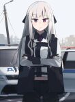  1girl ak-12_(girls&#039;_frontline) black_gloves black_pants black_ribbon braid car closed_mouth crossed_arms eyebrows_visible_through_hair fingerless_gloves french_braid girls&#039;_frontline gloves ground_vehicle hair_ribbon highres hinami047 long_hair looking_at_viewer motor_vehicle pants purple_eyes ribbon russia scenery silver_hair simple_background solo standing uniform 