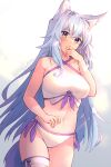  1girl animal_ear_fluff animal_ears artist_name bikini blue_eyes blush commentary covering_mouth cowboy_shot english_commentary eyebrows_visible_through_hair fox_ears fox_girl fox_tail grey_background grey_hair hand_over_own_mouth highres long_hair looking_at_viewer navel original simple_background single_thighhigh solo stomach swimsuit tail thighhighs very_long_hair white_bikini white_legwear yokura_(yukilina) 