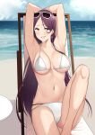  1girl armpits arms_up beach bikini breasts cloud commentary_request eyebrows_visible_through_hair eyewear_on_head gyaru highres imaizumin-chi_wa_douyara_gal_no_tamariba_ni_natteru_rashii large_breasts long_hair navel nori_gorou ocean original parted_lips presenting_armpit purple_eyes purple_hair sky stomach sunglasses swimsuit teeth water wet wet_clothes 