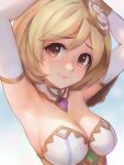  armpits arms_up bangs blonde_hair breasts brown_eyes cleavage detached_sleeves djeeta_(granblue_fantasy) eyebrows_visible_through_hair flower gem granblue_fantasy hair_flower hair_ornament hairband highres looking_at_viewer neckwear outdoors short_hair sky tagme yako_noir 